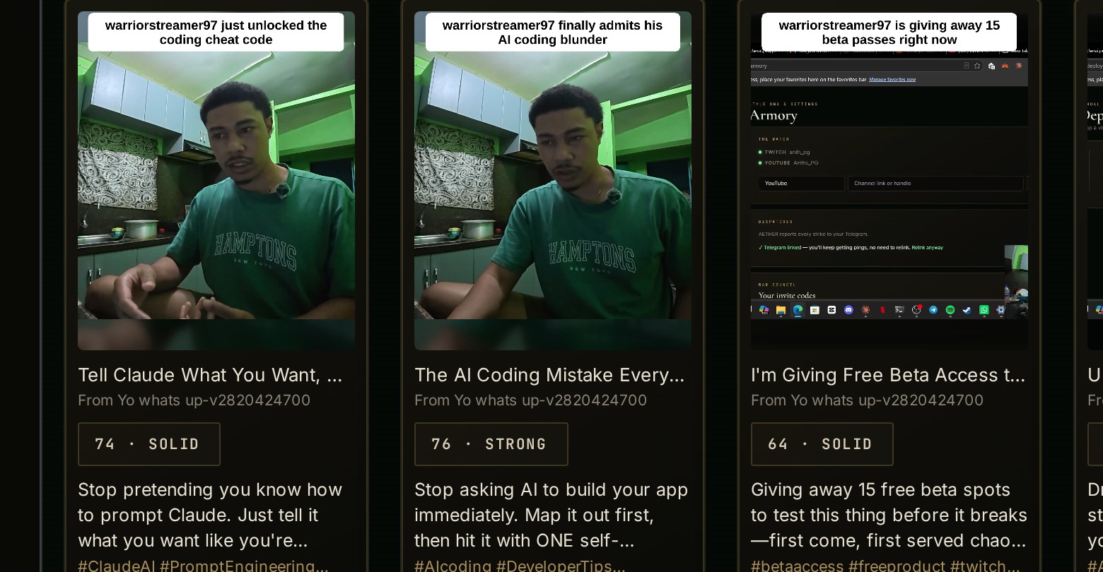 Real AETHER Clips page showing real clips with real viral scores, 74 Solid and 76 Strong