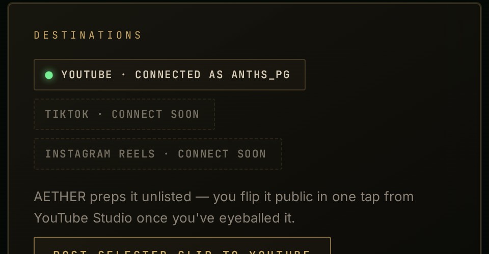 Real AETHER Ship page showing YouTube connected and semi-auto posting live